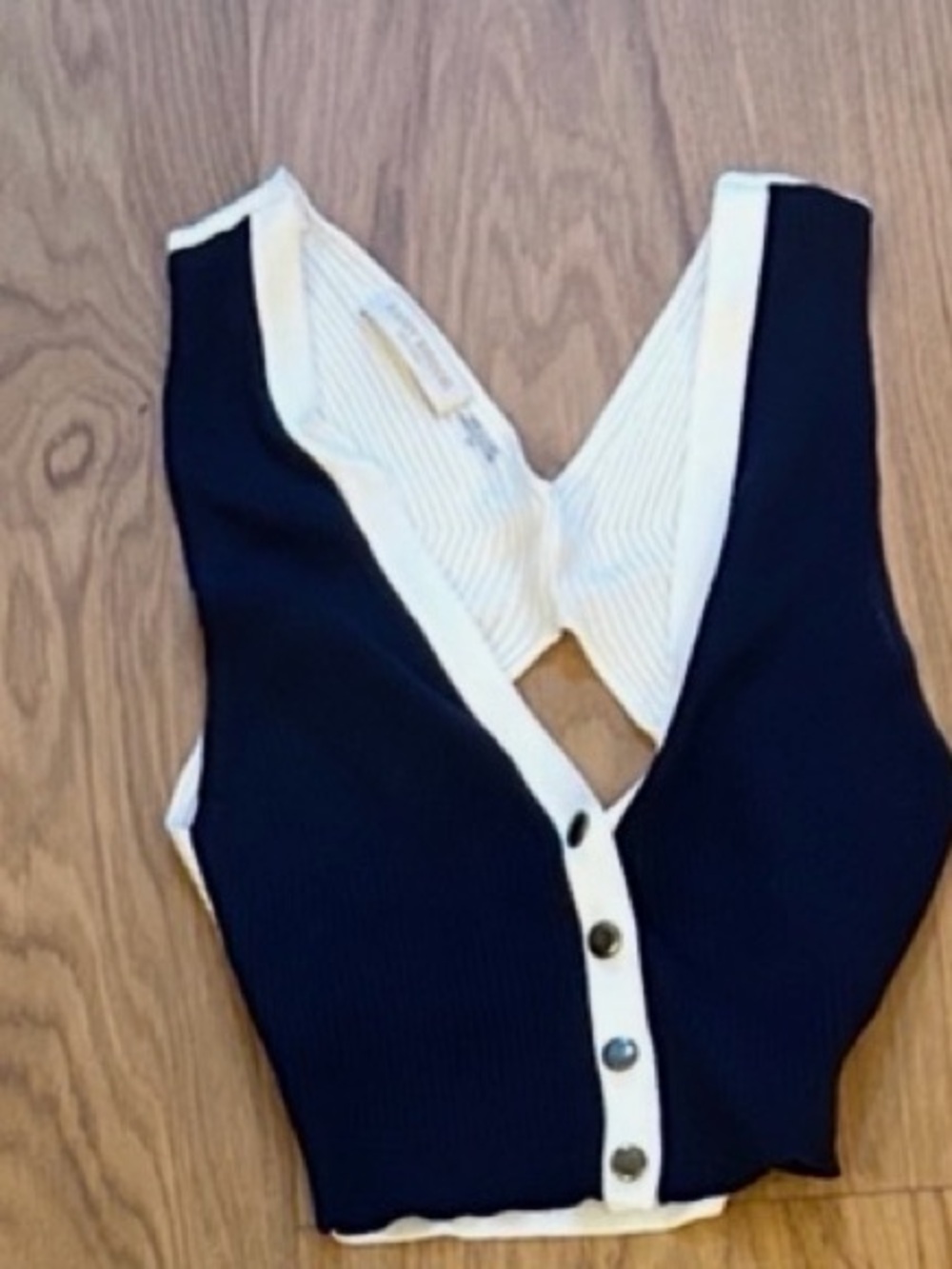 Ramy Brook Navy and White Ribbed V-Neck Button Tank